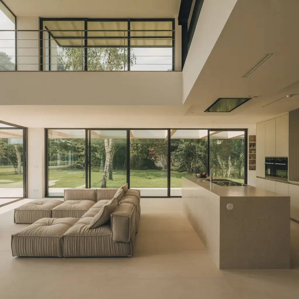 Une pièce à vivre spacieuse et lumineuse avec un canapé moderne, des baies vitrées offrant une vue sur le jardin, et une cuisine