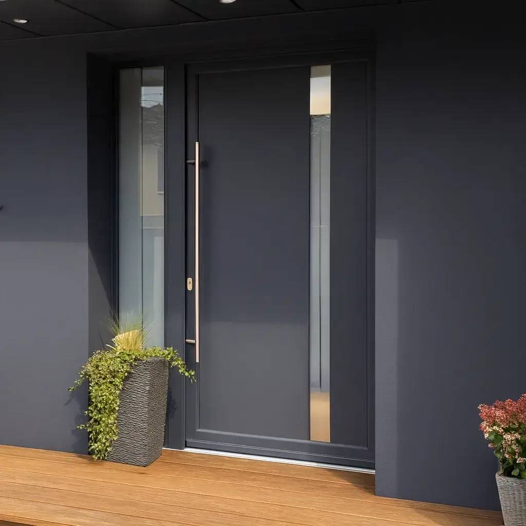 Entrée moderne avec une porte en métal gris foncé, accompagnée de plantes en pots sur une terrasse en bois.