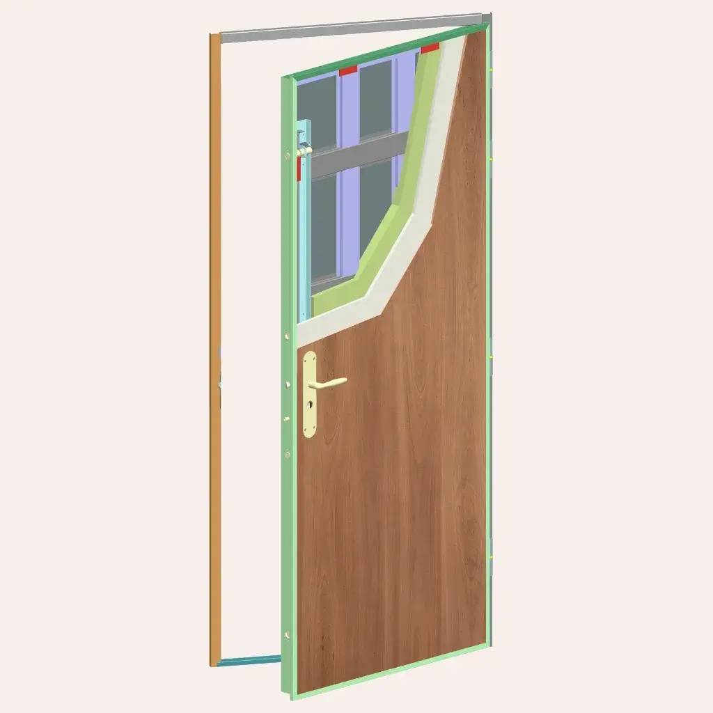 Une image illustrant une porte partiellement ouverte avec un cadre métallique, une finition en bois et une fenêtre intégrée.