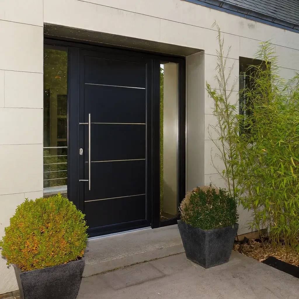 Une entrée moderne avec une porte noire élégante, encadrée par des plantes en pot et un mur en pierre claire.