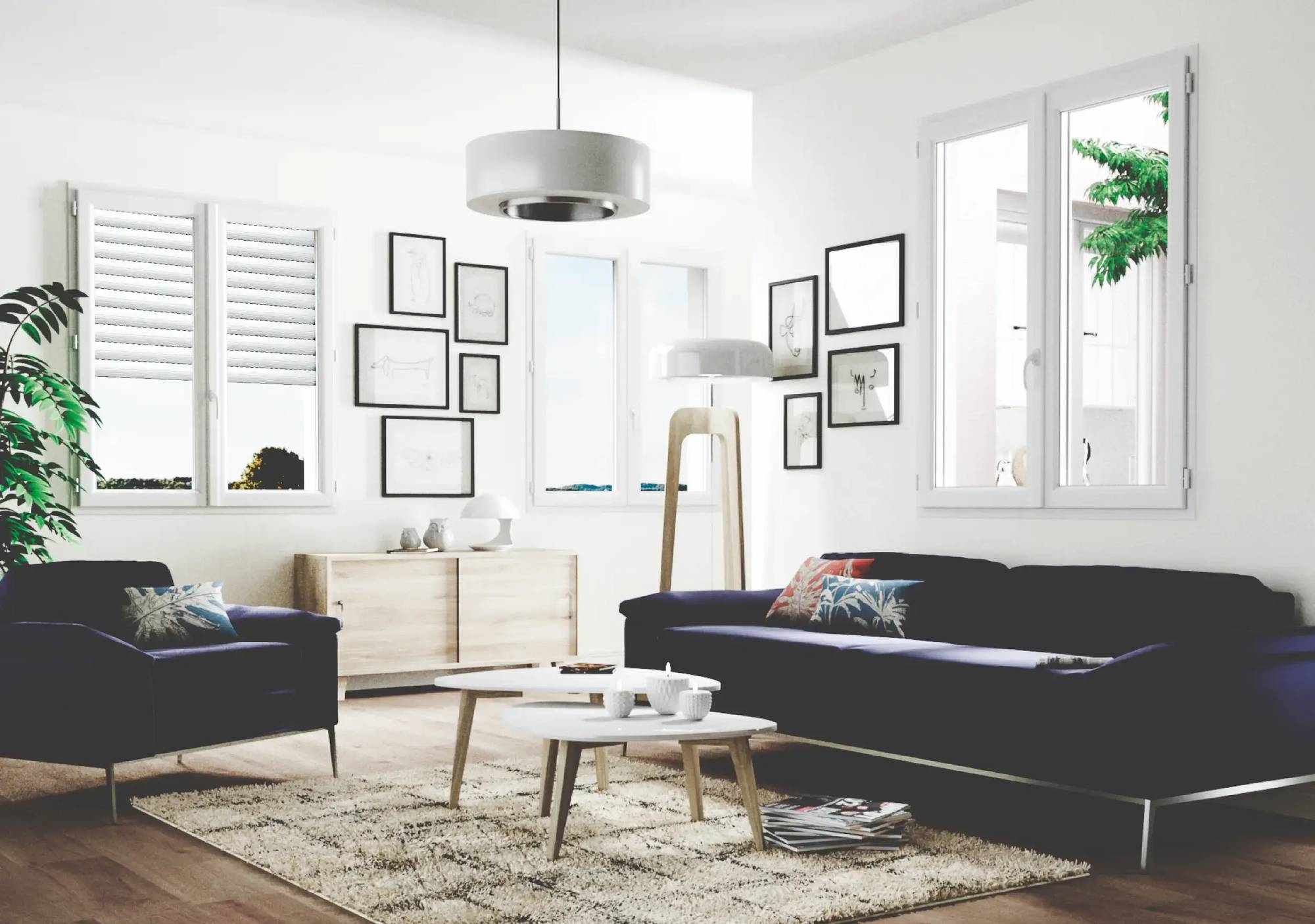 Ambiance salon fenetres pvc blanches modernes