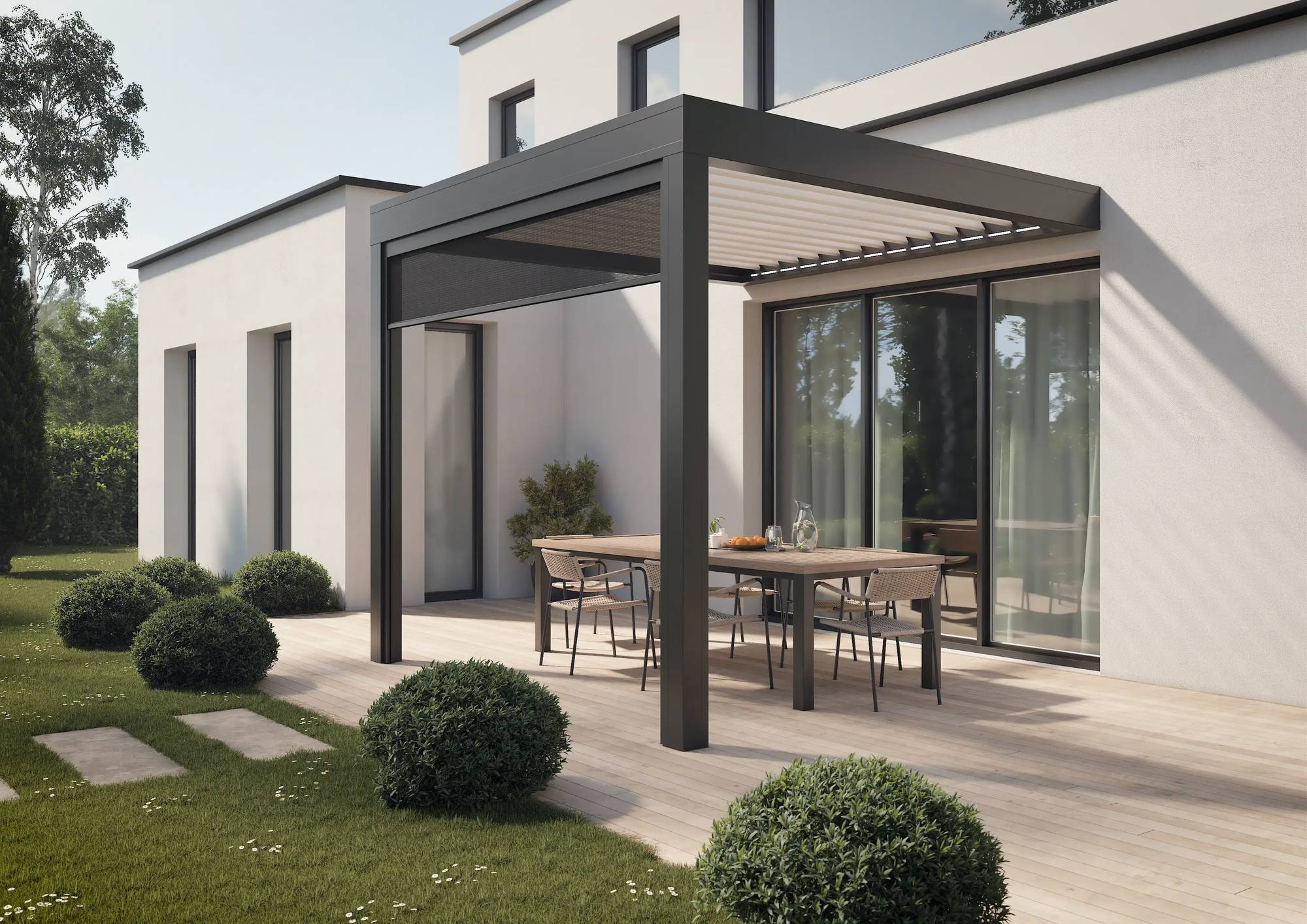 Pergola TRYBA gris anthracite sur maison moderne