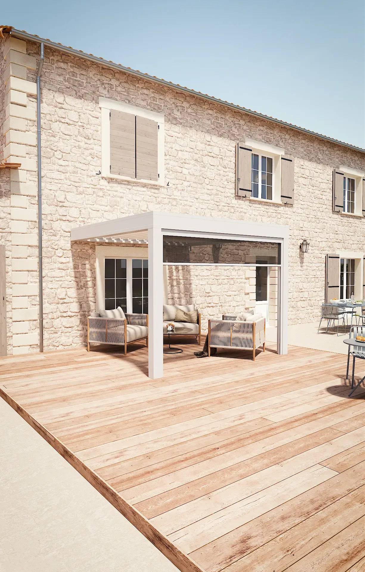 Salon de jardin sous Pergola bioclimatique blanche 4 pieds mural sur maison provençale 2